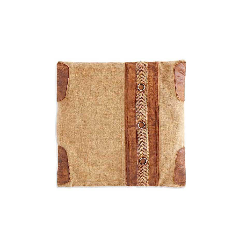 Square Repurposed Canvas Pillow with Leather Trim ( set of 2)